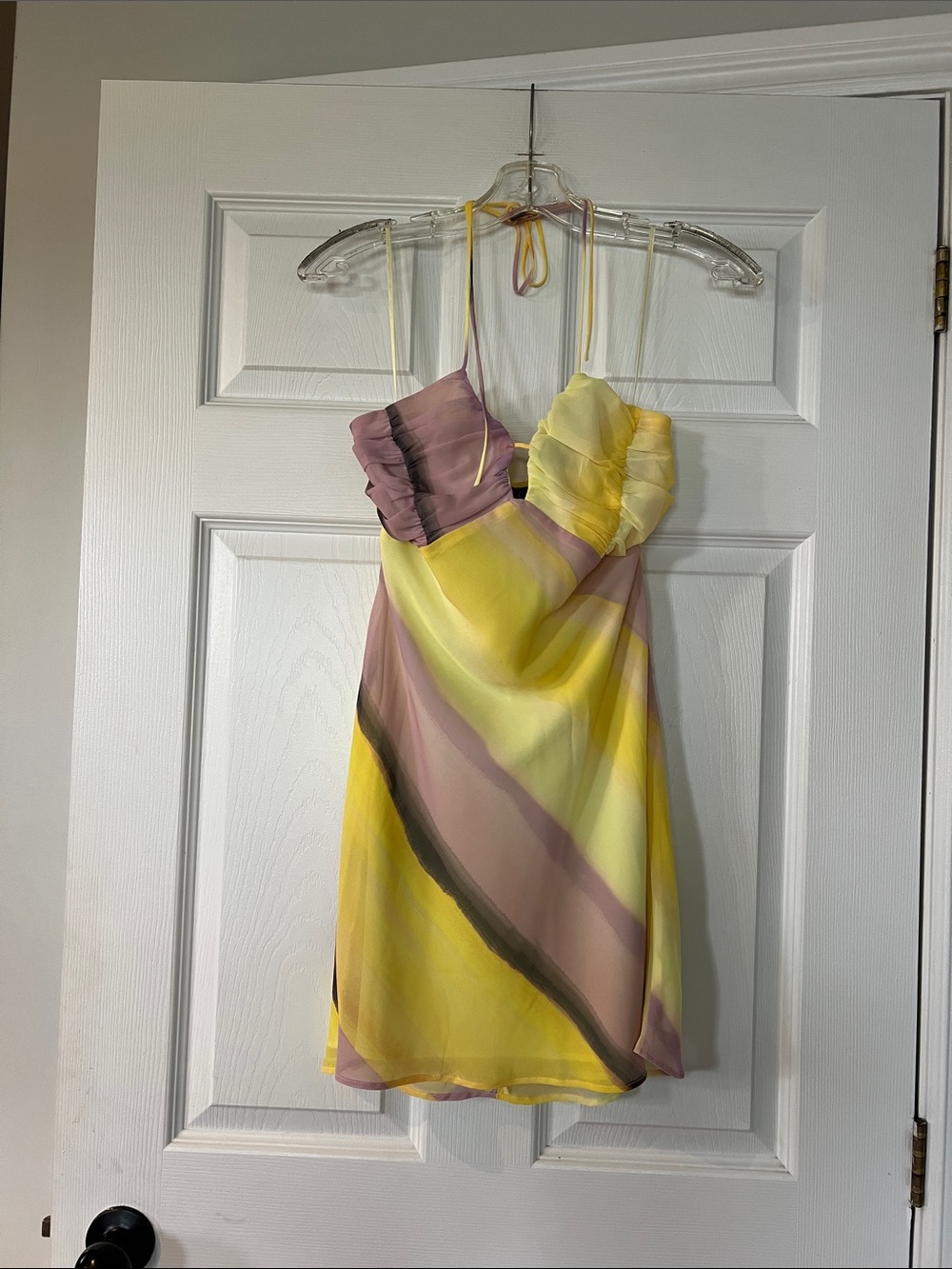 Dynamite Yellow & Mauve Watercolor Ruffle Mini Dress